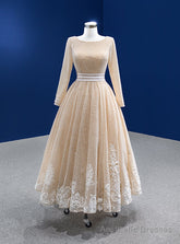 Champagne Tulle Long Sleeve Backless Appliques Prom Dress